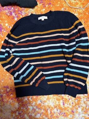 LOFT Navy Crewneck Sweater with Multicolor Stripes- Large